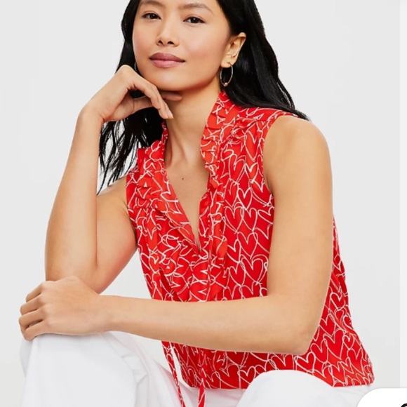 Loft Heart Ruffle Tie Neck Shell - Picture 2 of 6